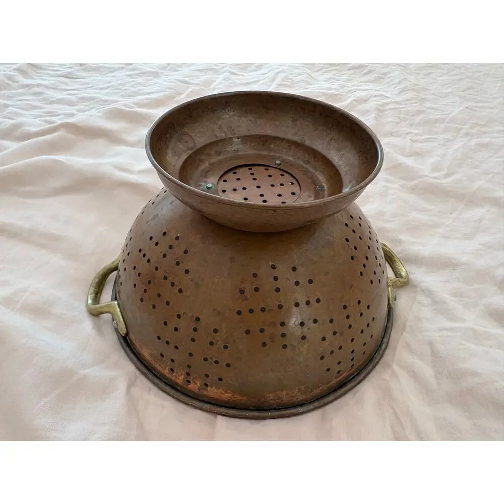 Antique Copper Colander Brass Footed Strainer Cottagecore Rustic Farmhouse